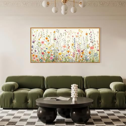 HPINUB Colorful Flower Framed Canvas Wall Art Set, Watercolor Daisy Floral Wall Decor, Wildflower Green Leaf Wall Painting, Multicolour Botanical Art Print for Living Room, Bedroom, Office -20"x40" - color: Colorful Wildflower Wall Art(wood Framed), size: