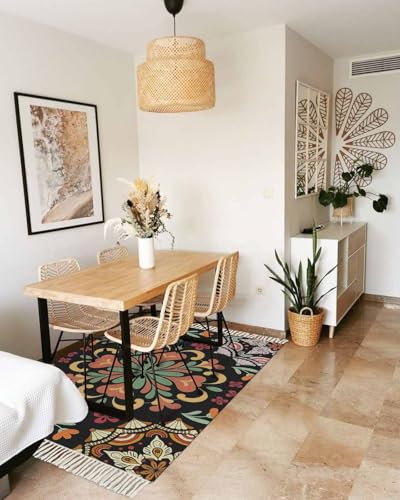 Black Boho Bathroom Rug 2' x 3', Ethnic Country Colorful Abstract Floral Motifs Low Profile Front Entryway Rug with Tassels, Woven Cotton Washable Kitchen Mat Carpet for Foyer Bedroom Back Door Decor - color: Multicolor Black, size: 2' x 3' (Rectangular)