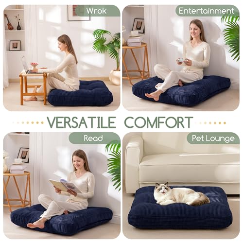 HIGOGOGO 35" Floor Pillow Cushion for Adults, Meditation Cushion Pillow, Extra Large Square Floor Sitting, Tufted Corduroy Cover for Tatami Living Room or Yoga, Navy - color: Navy, size: 4" Thick Square