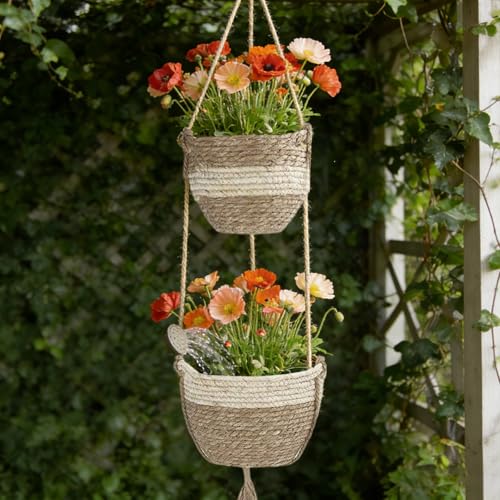 Double Layer Woven Hanging Planter, Boho Style Hanging Flower Basket, 2-Tier Macrame Holder for Indoor Home Garden Living Room Balcony Porch (Color A) - color: Color a