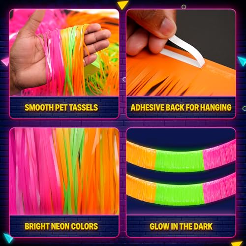 KatchOn, Neon Fringe Banner – 8.2 Feet, Pack of 2 | Neon Banner for Rave Party Decorations, Glow Parties Glow in The Dark Streamers for Birthday, Bachelorette Party - color: Neon