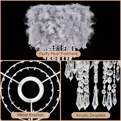 Feather Lamp Shade with Acrylic Beads Droplets, Fluffy Light Shade for Pendant, Table, Floor & Wall Lighting, Girl Bedroom Decor, ID 11.8inch, OD 15.7inch, Grey - color: Grey, size: 15.7 inches