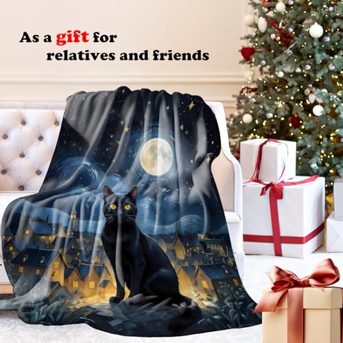 Starry Night Moody Black Cat Throw Blanket for Couch, Cat Blanket for Women Lovers, Mystical Celestial Black Kitten Throw Blankets for Bedroom Living Room Home Decoration, 50x60 Inches - color: Color_11