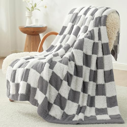 Snuggle Sac Faux Fur Throw Blanket for Couch, Cozy Soft Warm Blankets for Sofa Bedroom Living Room,Grey Checker,50x60 inches - color: Grey White, size: Throw(50"x60")