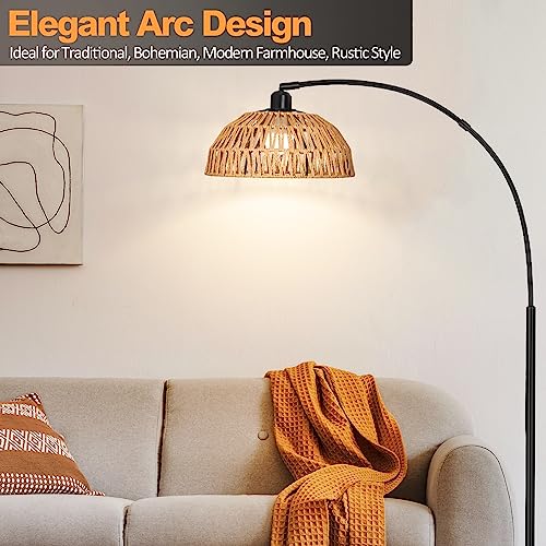 Rattan Floor Lamp- Modern Black Standing Floor Lamps with Remote Control and Stepless Dimmable Bulb, Hand-Worked Adjustable Rattan Lamp Shades Bohemian Floor Lamps for Living Room, Bedroom, Office - style: Black Rattan Arc Floor Lamp