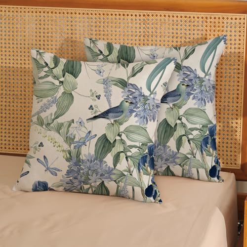 Chinoiserie Pillow Covers 16x16 Inch 2 Pcs Vintage Blue Green Floral Bird Decor Throw Pillows Flower Spring Summer Outdoor Farmhouse Decoration Pillowcase Linen Cushion Cover for Couch - color: Blue Green Chinoiserie Flower Bird, size: 16" x 16" (Pack of