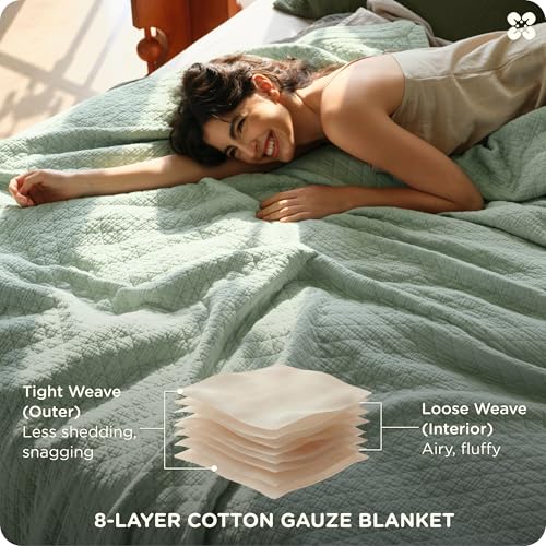 Bedsure 100% Cotton Muslin Blanket 8-Layer Queen, Breathable & Substantial Oeko TEX Gauze Bedding, PureWoven All-Season Moisture-Wicking Comfort, Softens After Wash, Sage Green, 90"x90" - color: Sage Green, size: Queen