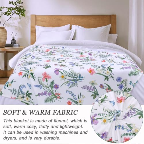 Spring Floral Flower Throw Blanket Wildflower Butterfly Blankets Green Plant Leaf Flannel Fleece Bed Blanket Soft Cozy Fuzzy Throw Blanket for Women Couch 50” x 60” - color: Purple, size: 50" X 60"
