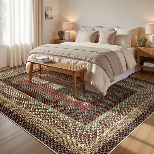 Ileading Faux Braided Large Area Rug 9'x12' Washable Farmhouse, No-Shed Non-Slip Woven Carpet, Pet Friendly Stain Resistant Jute Style Rug for Living Room Dining Bedroom - color: Multi Color-red, size: 9' x 12'(Rectangular)