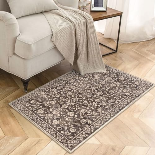 Vintage Entryway Rug Indoor, Rust Brown Red Washable Rug 2x3, Small Area Rug with Non-Slip Backing, Floral Print Thin Faux Wool Super Soft Door Mat for Kitchen, Entrance, Bedroom, Office - color: Rust Brown Red, size: 2' x 3' (Rectangular)