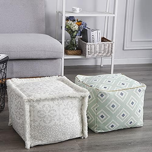 MOCOFO Boho Pouf Cover Unstuffed Square Ottoman Pouf Chair,Home Decor Pouf Cover(White,40x40x30cm)