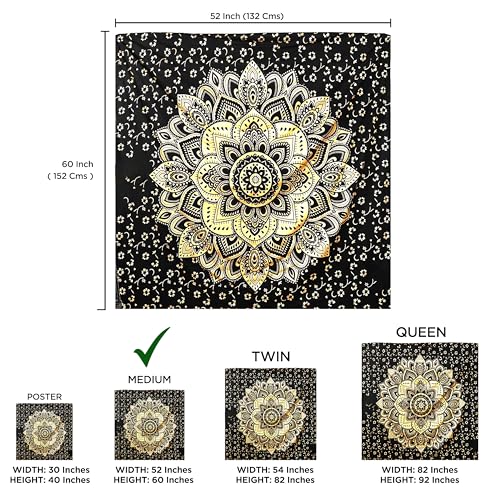 Rajsee Gold Mandala Tapestry - Boho Bedroom Aesthetic - Trippy Wall Hanging - Black Gold Wall Art 52x60 Inches - color: Black and Gold, size: 60"L x 52"W