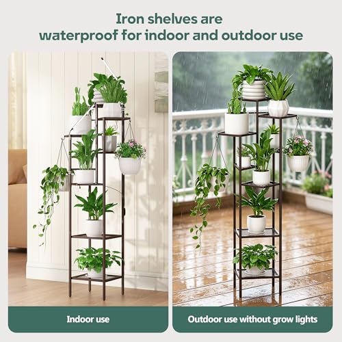 Quikraen 8 tiers Metal Plant Stand with Grow Lights, Tall Lighted Corner Plant Shelf for Indoor Plant Growing,Flower Pot Holder, Plant Rack for Home Decor, Patio (Brown)
