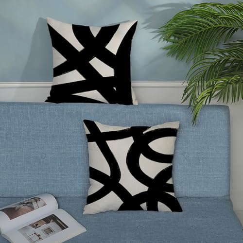 Black And Cream Pillow Covers 16x16 Set Of 2 Geometric Abstract Modern Art Line Throw Pillow Covers Boho Minimalist Style Decorative Pillowcase Linen Cushion Case Decoration For Home Sofa Outdoor - color: Art Line 2, size: 16" x 16" (Pack of 2)