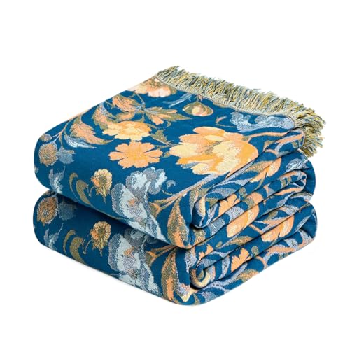 LUTBM Boho Throw Blanket for Bed Cotton Summer Blankets Twin Size for Bedroom Living Room All Season Lightweight Floral Bird Embroidery Breathable Quilt for Couch Sofa Chair 60"x80" Home Decor - color: Bird-floral-navy, size: 60"×80"