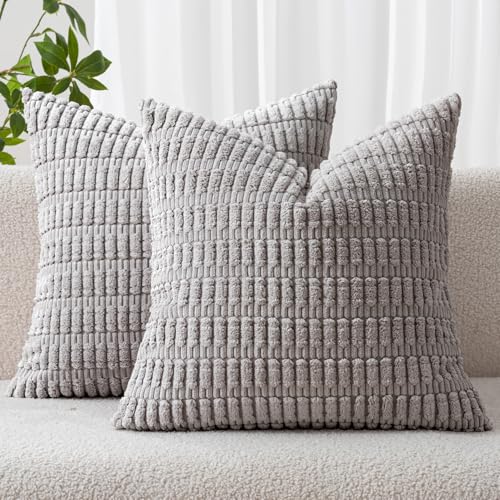 MIULEE Pack of 2 Corduroy Decorative Throw Pillow Covers 12x12 Inch Soft Boho Striped Pillow Covers Modern Farmhouse Home Decor for Sofa Living Room Couch Bed Light Grey - color: Light Grey, size: 12" x 12" (Pack of 2)