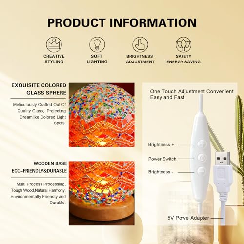 Turkish Mosaic Table Lamp Vintage Stained Glass Light USB Power Dimmable Night Lights Living Room Mantel Vintage Themed Hotel European Restaurant Decoration(Baroque A - Orange, Baroque) - style: Baroque A Orange