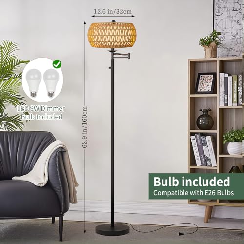 Ruiever Dimmer LED Floor Lamp,Tall Standing Lamp with Swing Arm,Black Lamp with 2 * 9W LED Bulb,Elegant Floor Lamp for Living Rooms & Bedroom (Black Color-Rattan Shade) - color: Black Color-Rattan Shade
