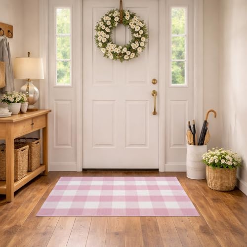 Spring Pink and White Plaid Rug, 3' x 5' Cotton Blend Layered Doormat Rug for Front Door, Hand-Woven Washable Entryway & Porch Decor - color: Light Pink and White, size: 3' x 5'