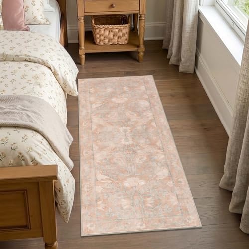 SIRIS 2x5 Washable Runner Rug, Symmetrical Botanical Floral Rug, Vintage Soft Low-Pile Non-Slip Hallway Runner, High-Traffic Floor Mat for Kitchen Entryway Bathroom Vanity Laundry Room, Muted Rose - color: Siris Muted Rose, size: 2' x 5' (Runner)