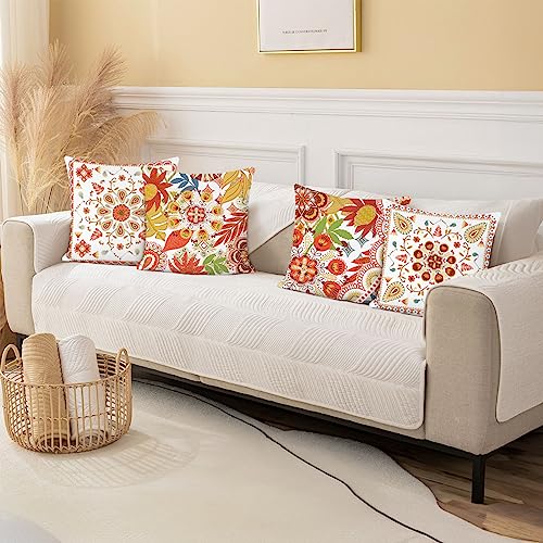 Bonhause Summer Boho Pillow Covers 18 x 18 Bohemian Floral Orange Decorative Pillows for Couch Sofa Bed Home Patio Decor Set of 4 - color: Orange & Green, size: 18" x 18" (Pack of 4)
