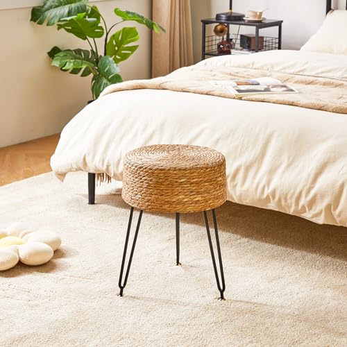 YMYNY Pouf Ottoman, Handmade Natural Water Hyacinth, Pastoral Style Footrest, Footstool with 4 Metal Legs Round Vanity Stool for Bedroom, Hallway, Living Room 12.59"L×12.59"W×17.71"H Natural UHBD029N - color: Natural Color