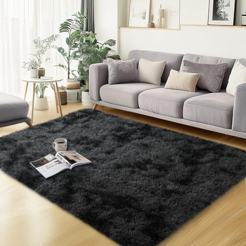 qulint Black Grey Area Rugs for Bedroom, 3x5 Area Rug for Kid Room Fluffy Soft Shag Rug for Living Room, Small Fuzzy Plush Shaggy Alfombras for Dorm Nursery Home Decor (3ft x 5ft, Tie-dyed Black Gray) - color: Blackgrey, size: 3' x 5' (Rectangular)