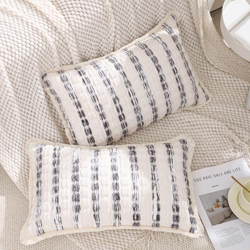 LUOYEHK Chenille Striped Throw Pillow Covers 12x20 Inch Set of 2 Boho Decorative Pillowcases with Fringe Farmhouse Neutral Gray Cushion Covers for Couch Sofa Bed Living Room - color: Gray, size: 20" x 12" (Pack of 2)