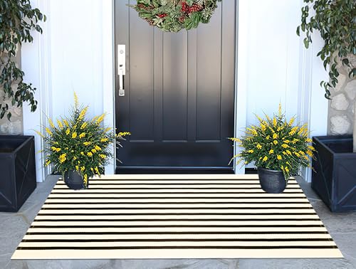 Black and Beige Outdoor Rug 2'x4.3',Striped Front Porch Rug Machine Washable Front Door Mat Entryway Throw Rug for Front Porch Indoor Outdoor Doormat - color: Black Beige, size: 2' x 4'3" (Rectangular)