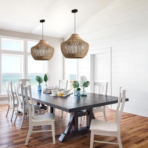 2-Light Rattan Pendant Light,15" Boho Basket Light Fixtures, Rattan Chandelier Hand-Woven Wicker Wicker Light fixtures Hanging for Dining Living Bedroom Kitchen Farmhouse - color: Brown rattan, size: 2-light 15in