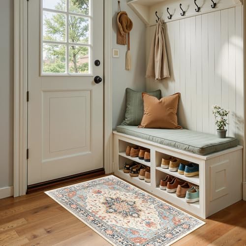 RELEANY Area Rugs Small 2'x4' Washable Non-Slip, Floral Vintage Distress Medallion Carpet for Kitchen Entryway Bathroom, Beige Navy Blue Orange Colorful - color: Beige/Blue/Orange, size: 2' X 4' (Runner)