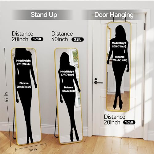 SCWF-GZ 57x16 Full Length Mirror Over The Door Hanging, Floor Stand/Wall Mounted Aluminum Alloy Frame Dressing Mirror for Bedroom Living Room 57 inch Gold - color: Gold, size: 57"L x 16"W