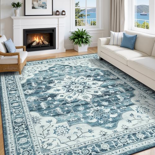 5x7 Coastal Blue White Area Rugs for Living Room - Vintage Boho Medallion Aesthetic Distressed Washable Rug, Soft Non-Slip Backing Low Pile Carpet for Office, Lounge, Bedroom Foot of Bed - color: Coastal Blue White, size: 5' x 7' (Rectangular)