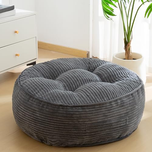 HIGOGOGO 8" Extra Thick Floor Pillow Cushion for Adults, Meditation Cushion Pillow, Large Round Floor Sitting, Tufted Corduroy Cover, for Tatami Living Room or Yoga, 22x22 Inch, Dark Grey - color: Round Dark Grey, size: 8" Thick(Pack of 1)