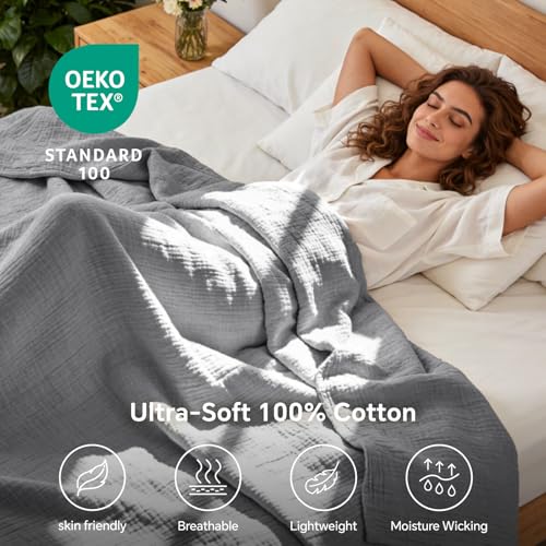 BEDELITE 100% Cotton Muslin Blankets for Adults - 4-Layer Twin Size Breathable and Lightweight Gauze Blanket for Couch, Bed, Travel and Summer, Soft & Cozy Gift for Women, Grey, 60"x80" - color: Grey, size: Twin(60"x80")