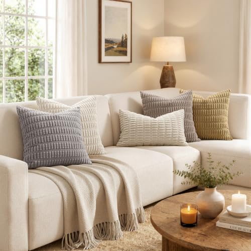 MIULEE Pack of 2 Corduroy Decorative Throw Pillow Covers 18x18 Inch Soft Boho Striped Pillow Covers Modern Farmhouse Home Decor for Sofa Living Room Couch Bed Cream White - color: Cream White, size: 18" x 18" (Pack of 2)