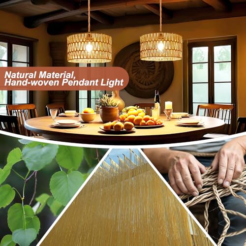 Plug in Pendant Light,Rattan Hanging Lights with Plug in Cord,Handmade Hanging Lamp Plug in,Rattan Light Fixtures Ceiling Hanging for Living Room Bedroom - size: 12.6 Inch-Barrel Shade