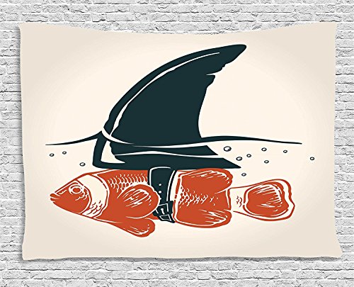 Ambesonne Shark Tapestry, Pop Art Clown Fish Mammal Fin Camouflage Cheat Humor Strategy Beware Theme, Wide Wall Hanging for Bedroom Living Room Dorm, 60" X 40", Orange Green - color: Orange Green, size: 60"L x 40"W