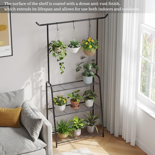 Kitsanery Plant Stand Indoor Outdoor,Metal Plant Stands for Multiple Plants,3 Tier Tall Hanging Plant Shelf,Large Heavy Duty Flower Holder Ladder Plant for Living Room, Patio, Balcony (Black) - color: Black