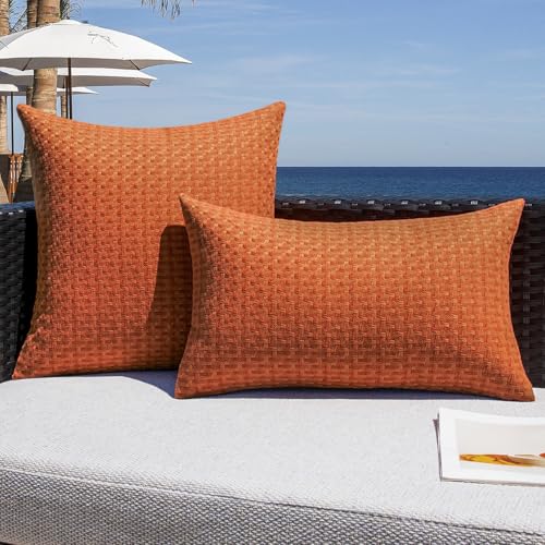 Kevin Textile Fall Outdoor Waterproof Throw Pillow Covers Pack of 2 Farmhouse Decorative Cushion Covers for Garden Patio Tent Balcony Bench Couch Sofa 16x16 Inch, Burnt Orange - color: Burnt Orange, size: 16" x 16" (Pack of 2)