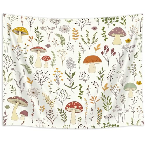 DYNH Mushroom Tapestry, Boho Floral Botanical Green Leaves Wall Hanging,Retro Flowers Country Farm Aesthetic Cottagecore Tapestries for Bedroom Living Room Dorm TV Backdrop,40x30In - color: Beige, size: 40"L x 30"W