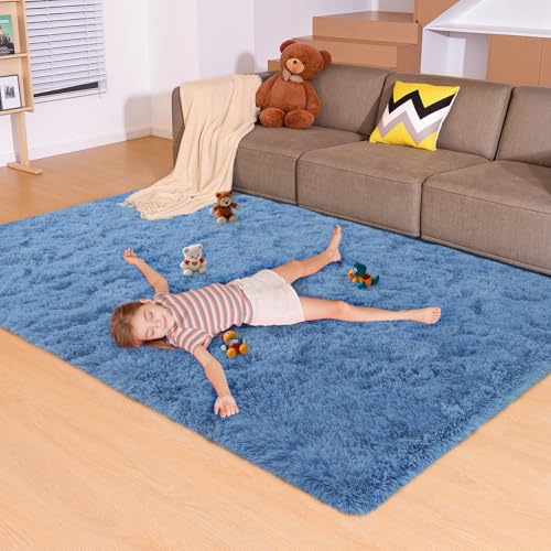 5x7 Blue Rugs for Living Room Bedroom, Fluffy Large Area Rug Soft Shag Non-Slip Carpet for Kids Boys and Girls Room Dorm Home Decor (5ft x 7ft) - color: Blue, size: 5' x 7' (Rectangular)