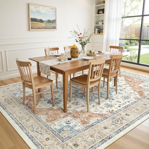 9x12 Rug for Living Room - Large Vintage Farmhouse Eclectic Medallion Carpet, Washable Low Pile Non-Slip Area Rug for Dining Under Table, Bedroom Under Bed,Office, Neutra Beige and Orange - color: Beige Orange, size: 9' x 12' (Rectangular)