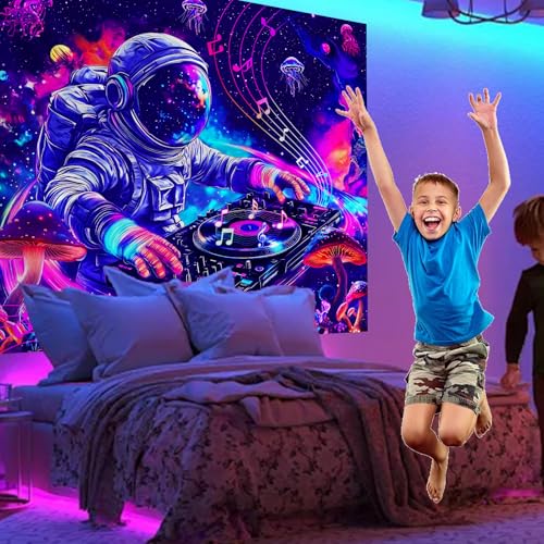 Apdidl Blacklight Space Astronaut Poster Tapestry for Bedroom, Black Light Cool Galaxy Funny DJ Music UV Reactive Tapestries, Glow in the Dark Universe Mushroom Plants Jellyfish Wall Hanging for Boys Men 51"X60" - color: Space Blacklight Tapestry, size: 6