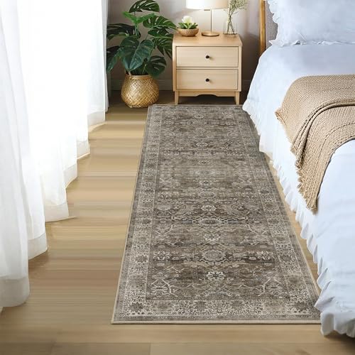 2x6 Runner Rug Grey Brown Vintage Washable Runner Rugs for Hallway Kitchen Low Pile Non-Slip Retro Distressed Accent Throw Carpet for Entryway Bathroom Bedroom Antique/Moss - color: Brown Grey, size: 2'*6'(Runner)