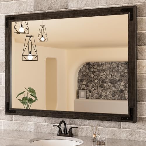 TETOTE 40 x 30 Black Wood Mirror for Bathroom Wall/Bedroom/Living Room/Entryway Farmhouse Rustic Bathroom Vanity Mirror Waterproof (Horizontal/Vertical Mounted) - color: Black Wood, size: 30"L x 40"W