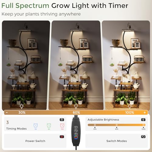 Plant Stand Indoor with Grow Lights - 9-Tier Curved Plant Stand, Tall Metal and Wood Indoor Plant Shelf with Unique Arched Design, Multi-Tier Flower Pot Holder Rack with Waterproof Finish, 63" Tall for Living Room, Balcony, and Garden - size: 3C