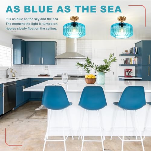 Antique Blue Close to Ceiling Fixture, 11 Inch Easy Install Semi Flush Ceiling Light, Glass Ceiling Light for Bathroom Laundry Coastal Apartment Hallway - color: Blue