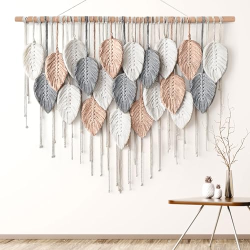 Alynsehom Large Macrame Wall Hanging, Boho Woven Tapestry, Chic Modern Bohemian Handmade Leaf Feather Wall Art Home Decor for Apartment Dorm Living Room Bedroom Nursery Backdrop (39" W X 29.5" L) - color: Pink Beige-39"W x 29.5"L