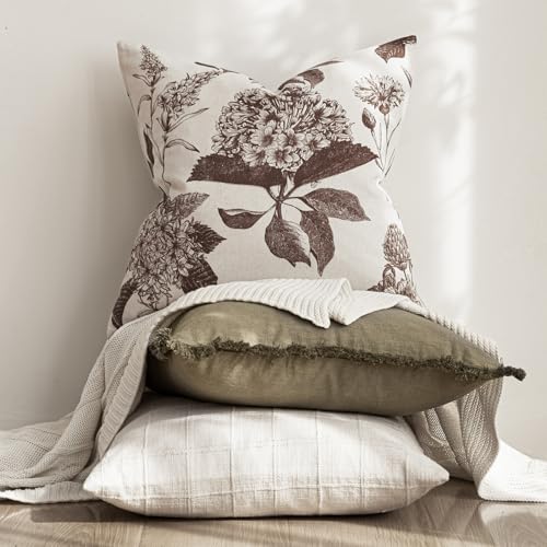 Foindtower Set of 2 Linen Floral Throw Pillow Covers Neutral Vintage Print Decorative Cushion Covers Farmhouse Boho Home Decor for Sofa Chair Couch Bedroom Living Room,20×20 Inch,Dark Brown - color: Dark Brown, size: 20" x 20" (Pack of 2)